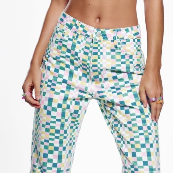 ZARA CHECK PRINT HIGH RISE STRAIGHT FIT JEANS - Picture 5 of 14